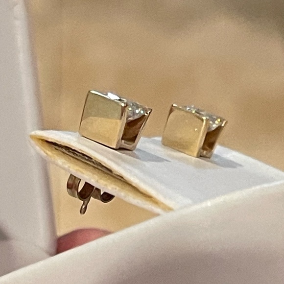 Fine Custom Made Cushion Cut Moissanite Earrings Solid 14K Yellow Gold - Picture 4 of 12